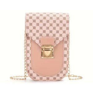 Pink Elegant Chain Crossbody Phone Bag With Secure Closure & Patterned Design